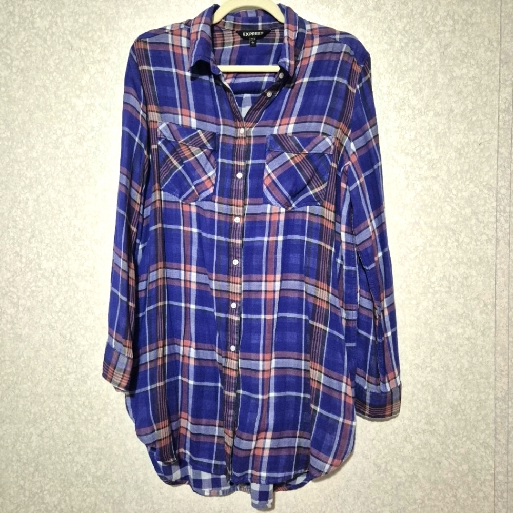 EXPRESS.. Blue and Pink Plaid TUNIC-SHIRT...SIZE:L - Picture 2 of 11
